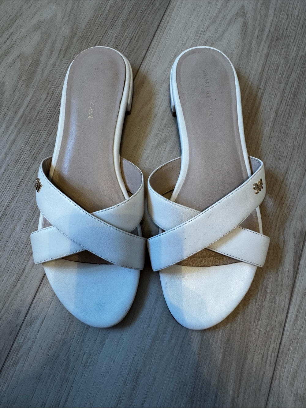 Women’s White Stuart Weitzman Leather Crisscross Slide Sandals